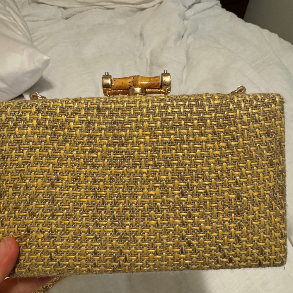 Gold and Tan Woven Clutch with Basket-Weave Texture